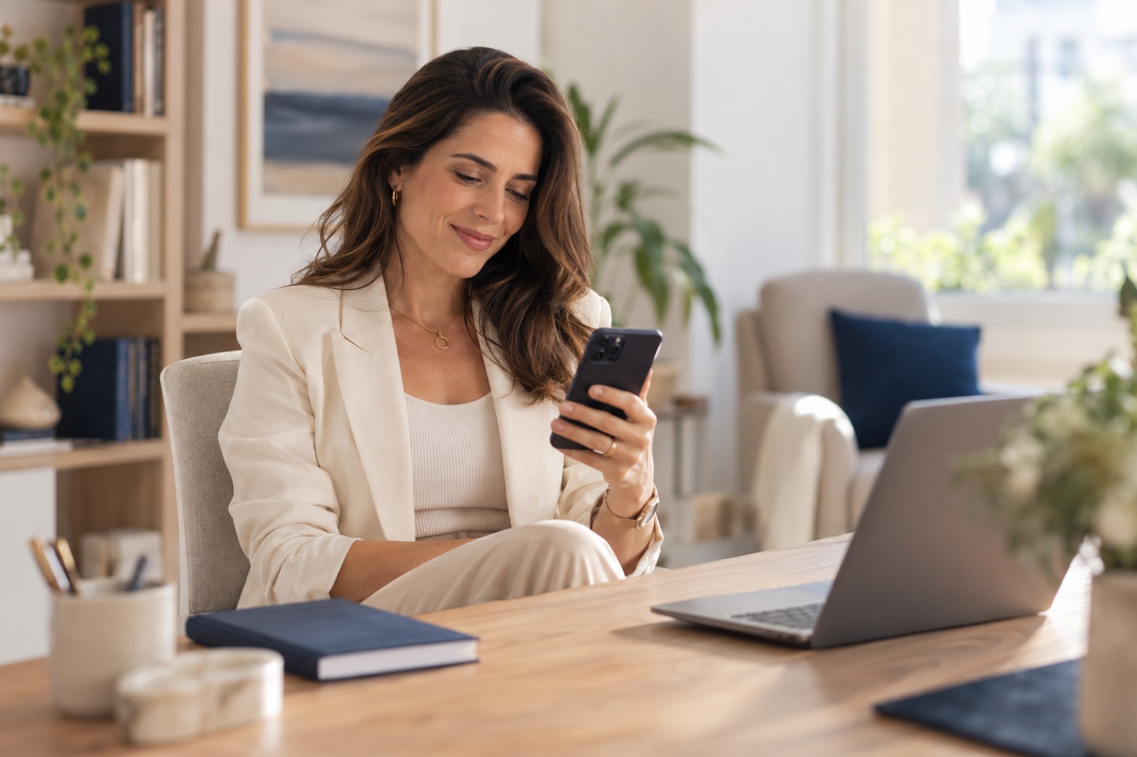 Terapeuta sorrindo enquanto olha o celular no consultório